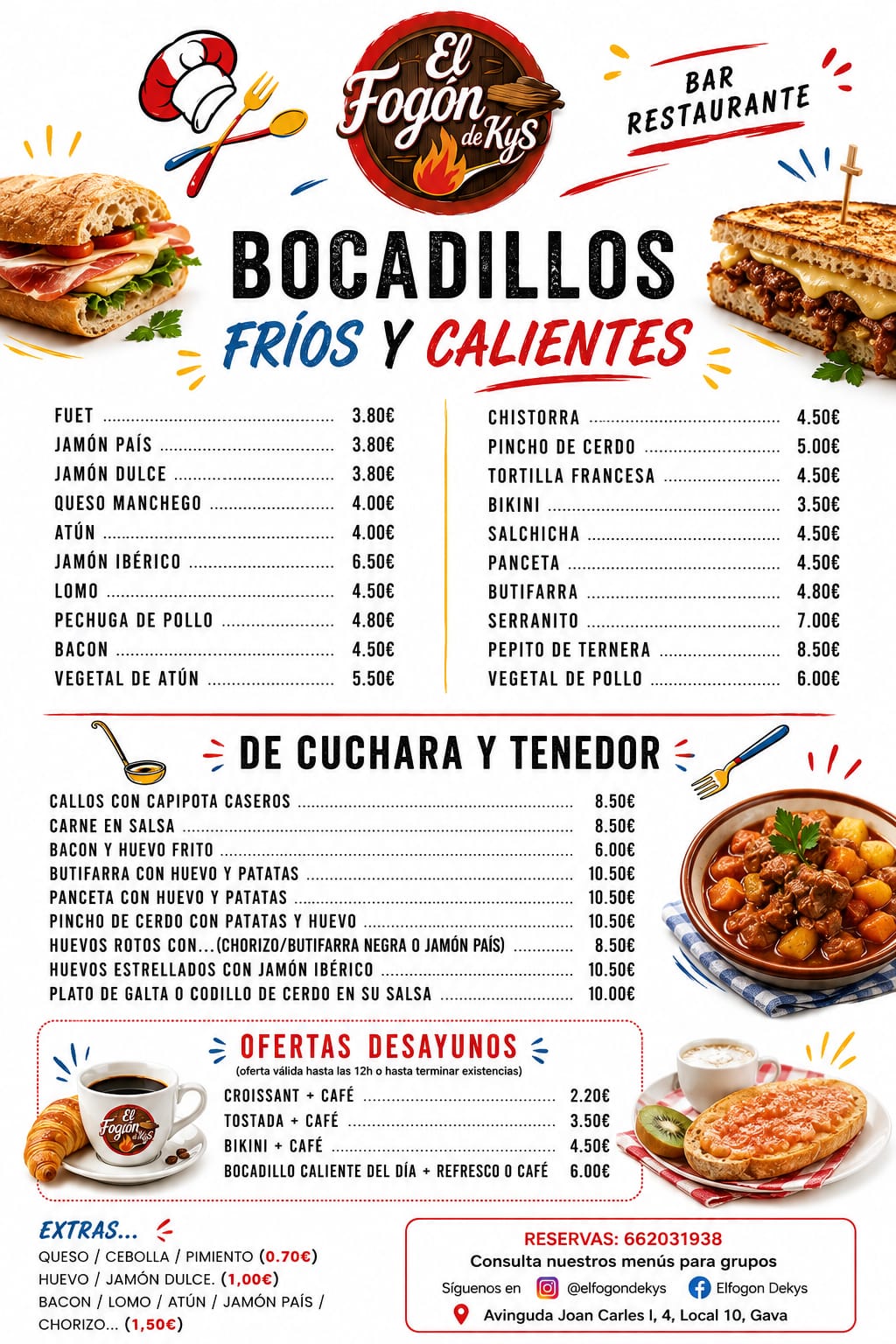 Carta de bocadillos y desayunos de El Fogón de Kys