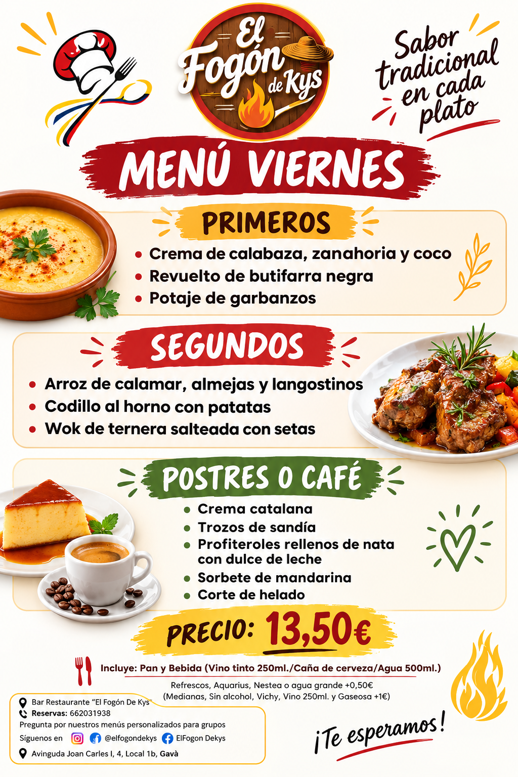 Carta del menú Fogón Kys de esta semana con primeros, segundos y postres