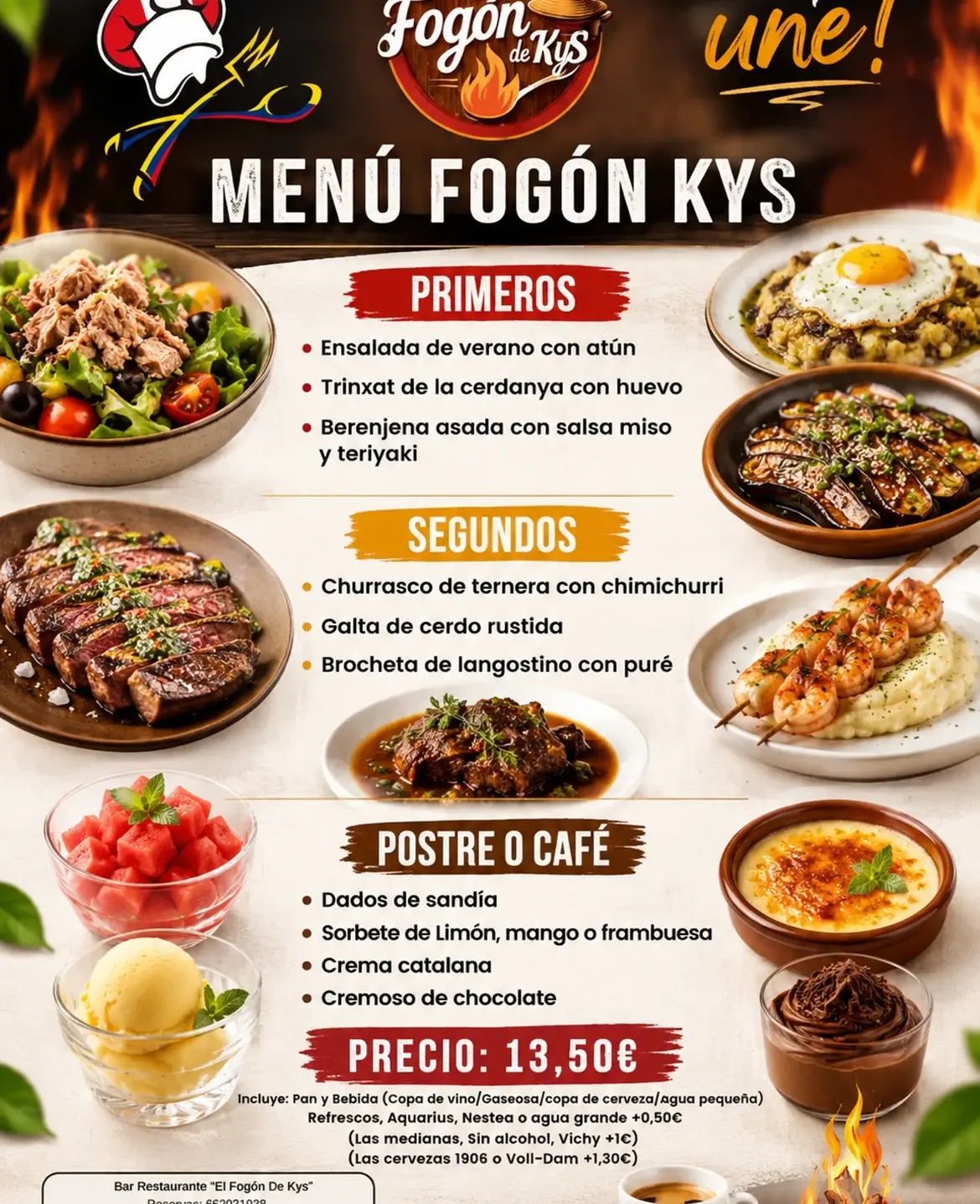Carta del menú Fogón Kys con primeros, segundos y postres